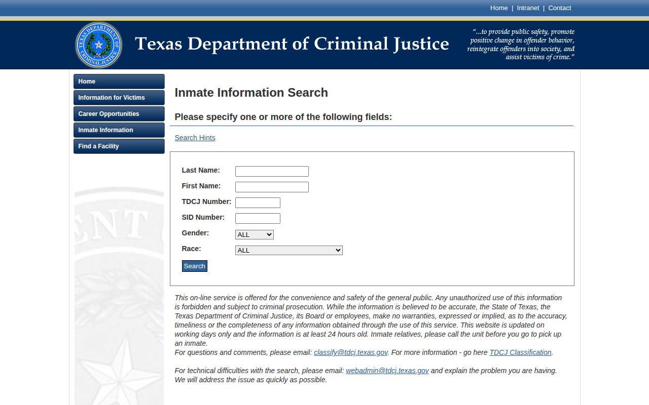Ward County state custody record search through the Texas Department of Criminal Justice