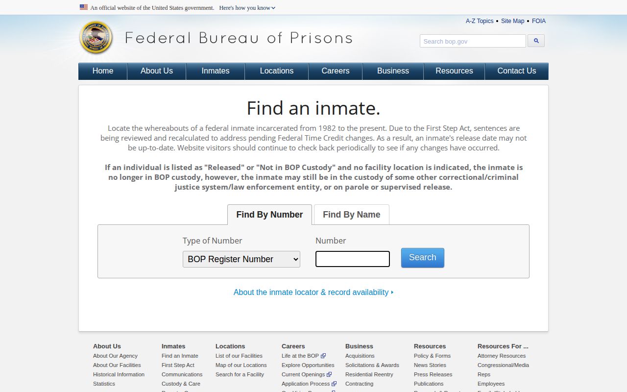 Federal Bureau of Prisons locator showing a separate custody search from Ward County warrants