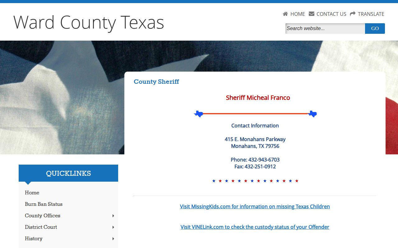 Ward County Sheriff contact page for warrant and custody-status routing